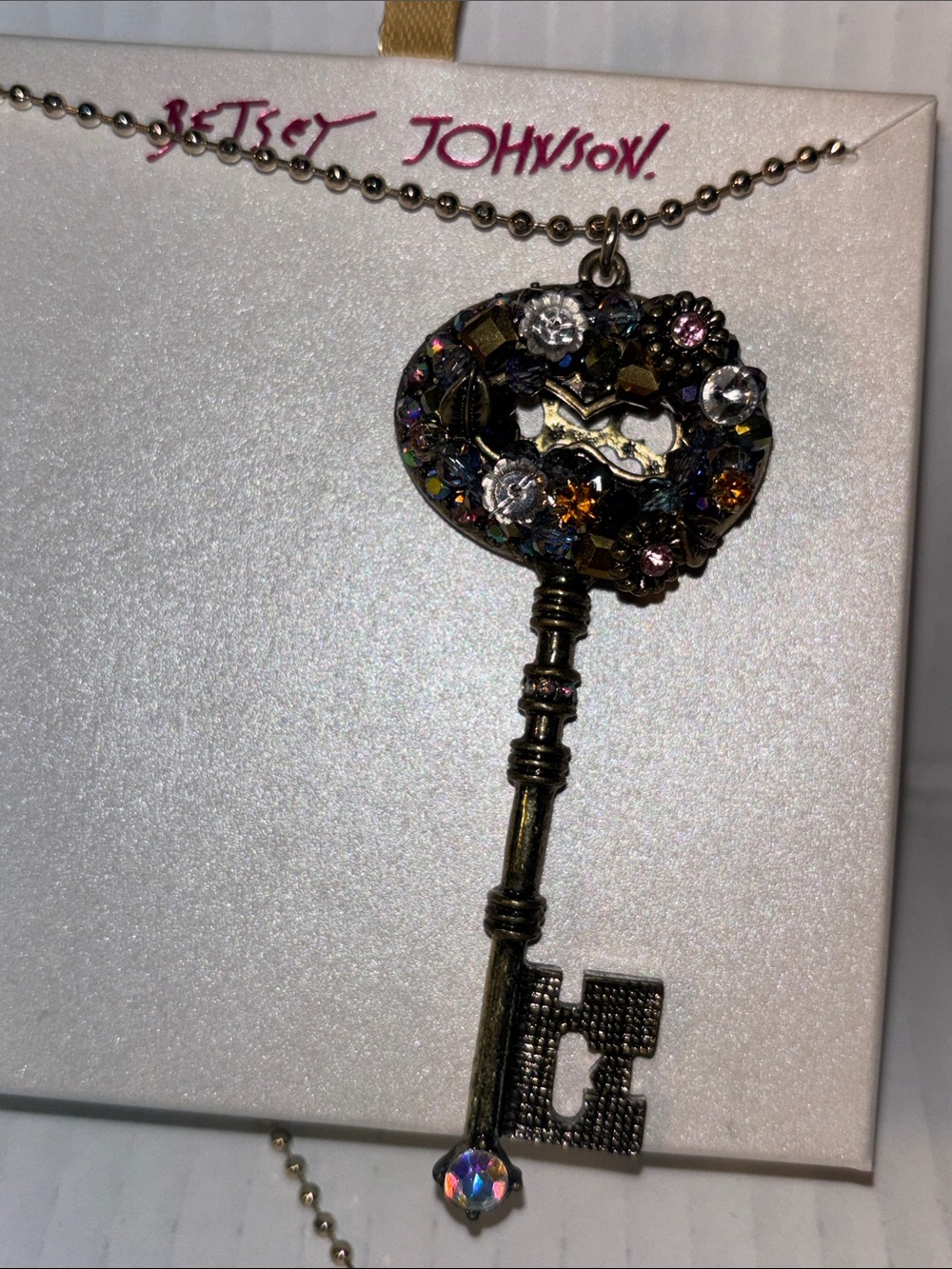 Betsey Johnson Gold Key Pendant Necklace with Multicolor Crystals